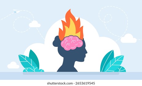 Human head with fire, angry woman. Angry aggressive girl, fire and flame in place of brain. Brain flame, burnout on stress. Negative mood and bad temper metaphor, burning thoughts. Vector illustration