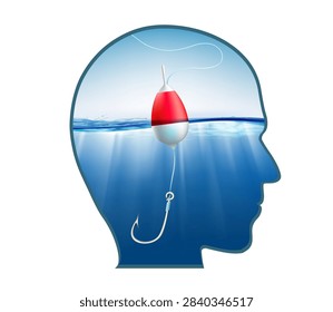 Human head with a fishing hook and float on the water. Vector illustration