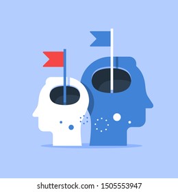 Human head and flag, next level improvement, training and mentoring, pursuit of happiness, self esteem and confidence, vector flat illustration