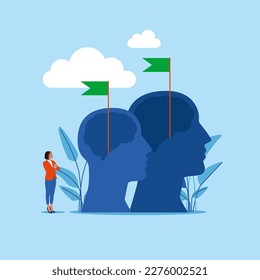 Human head and flag. Next level improvement, training and mentoring, pursuit. Modern vector illustration in flat style