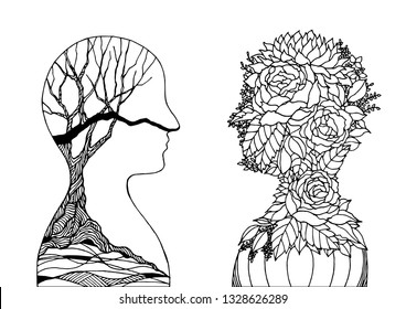 Human head flower and dry tree, spring autumn spirit power energy vector abstract art illustration design hand drawn