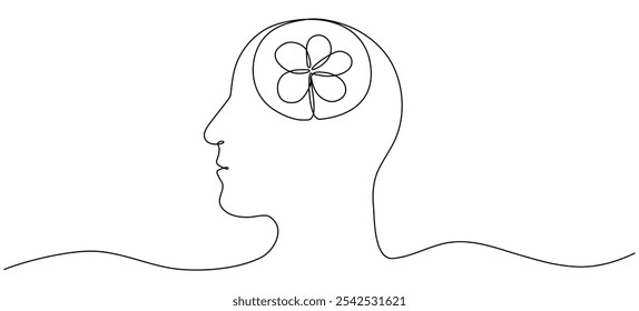 Cabeza humana con flor dentro de línea continua dibujada. Concepto de salud mental. Cuidado personal y símbolo de amor. Ilustración vectorial aislada en blanco.