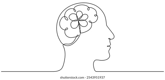 Cabeza humana con flor dentro de línea continua dibujada. Concepto de salud mental. Cuidado personal y símbolo de amor. Ilustración vectorial aislada en blanco.