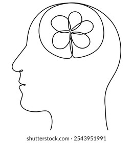 Cabeza humana con flor dentro de línea continua dibujada. Concepto de salud mental. Cuidado personal y símbolo de amor. Ilustración vectorial aislada en blanco.