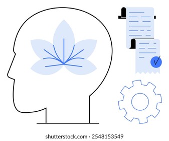 Cabeza humana con flores que simbolizan la atención plena y la relajación dentro de la mente junto con documentos y marcas de verificación que representan la productividad y la eficiencia. El símbolo de engranaje indica Configuraciones