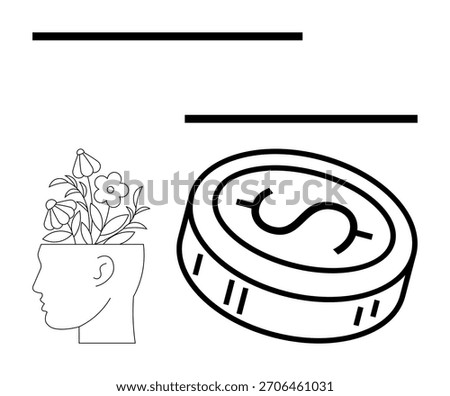 Human head with flowers growing from it next to a large coin with a dollar sign. Ideal for creativity, finance, growth, investment, prosperity, mindfulness, innovation. Line metaphor