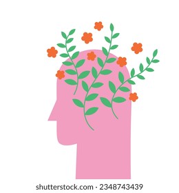 Cabeza humana con flores y plantas. Pensamiento positivo en salud mental como forma de pensar ilustración plana vectorial, pensamiento feliz concepto. Psicología y estilo de vida. Elementos de diseño para impresión, afiche, tarjeta