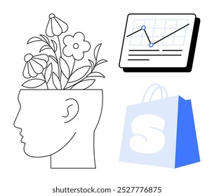 Human head with flowers symbolizes creativity next to a shopping bag and graph. Ideal for creativity, commerce, data analysis, innovation, and mental growth themes. Simple line art style