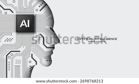 Human head in the form of a circuit board background. AI Chip with circuit board and electronic elements. Machine learning and automation concept. Futuristic tech background. Vector illustration.