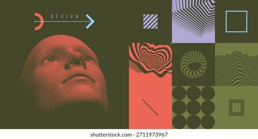 Una cabeza humana formada de puntos. Descubrimiento, estudio y concepto de aprendizaje. Es hora de pensar. Composición artística. Túnel. Montaña. Vector para folleto, póster, portada, tarjeta, presentación, volante o Anuncio.