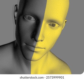 Human head, formed from dots and split in half into black and gold parts. Face Recognition. Dot style digital face with colour mask effect. Concept of technology, anonymity, social masking. 3D vector.