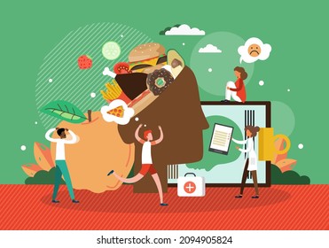 Human head full of junk food, vector illustration. Binge eating disorder, food addiction, overeating treatment.