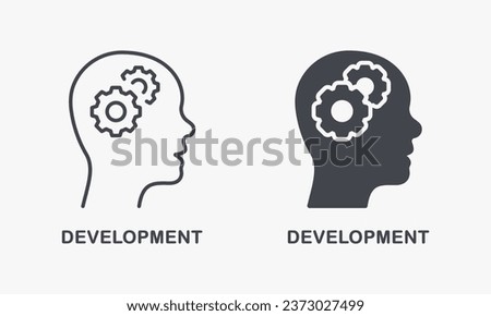 Human Head with Gear Brainstorm Pictogram. Brain and Cog Wheel Development Silhouette and Line Icon Set. Education Development Symbol Collection, Intellectual Process. Isolated Vector Illustration.