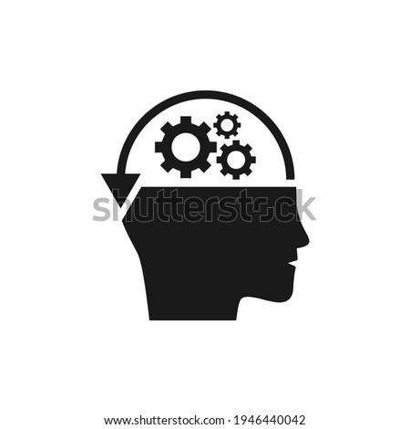 Human head with gear and circular arrow. Adaptation, processing idea icon concept isolated on white background. Vector illustration
