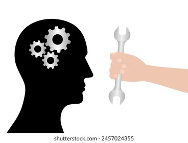 Menschlicher Kopf mit Zahnrad oder Zahnräder und Handschlüssel. Gehirnbehandlung oder Gehirnreparaturkonzept. Vektorillustration. 