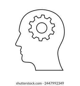 Human Head with Gear or Cogwheels Icon Symbol. Brainstorm, Creativity and Thinking Idea Concept. Vector Illustration. 