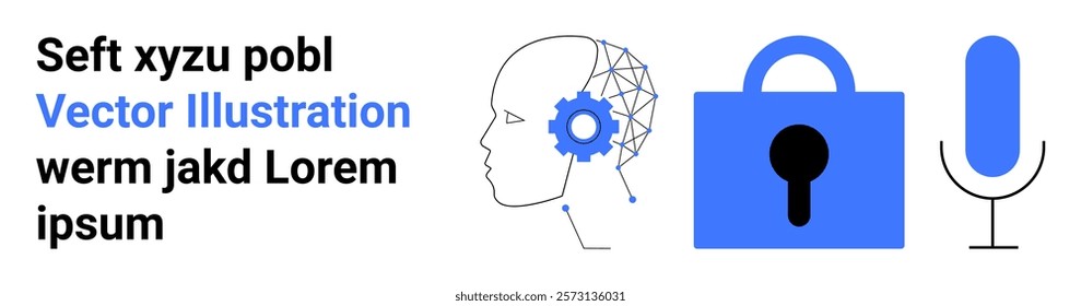 Human head with gear, digital lock, and microphone. Ideal for AI technology, cybersecurity, voice recognition, digital transformation, and data protection concepts. Banner for landing page