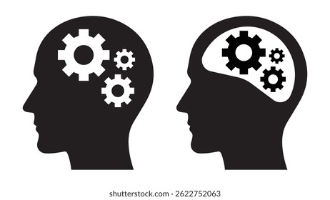 Human head with gear icon, Isolated artificial intelligence, brainstorming, innovation, and thinking concept, vector illustration