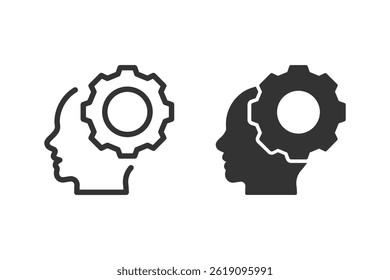 Human head with gear icon set. Represents the concept of thinking, problem solving, innovation, and mental processes.