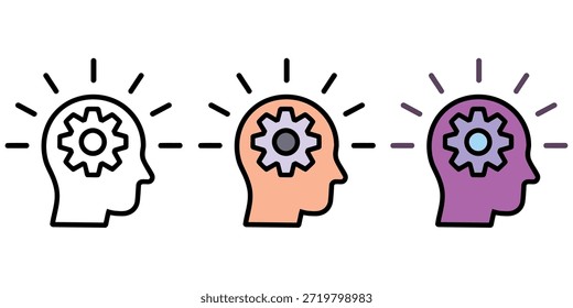 Cabeza humana con conjunto de iconos de engranajes que ilustran el pensamiento, la idea y el proceso mental