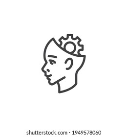 Human head with gear line icon. linear style sign for mobile concept and web design. Idea generating outline vector icon. Artificial intelligence symbol, logo illustration. Vector graphics