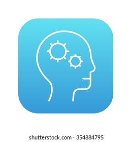 Cabeza humana con icono de línea de engranaje para web, móvil e infografía. Icono de blanco vector en el cuadrado de gradiente azul con esquinas redondeadas aisladas en fondo blanco.