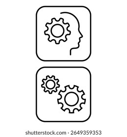 Human head with gear mechanism and technical cogwheel process vector icon illustration in outline minimal style for development use.