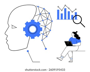 Human head with gear and network nodes, bar chart with magnifying glass, woman using laptop, symbolizing AI, technology, data analysis, innovation, education, machine learning, and research. Ideal