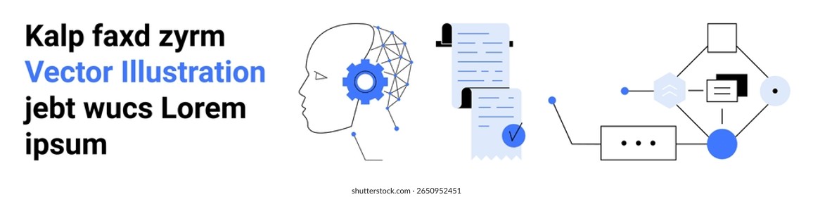 Cabeça humana com engrenagem que significa IA, documentos com marcas de seleção e elementos de rede conectados por linhas. Ideal para blogs tecnológicos, pesquisa em IA, processos de automação, fluxos de trabalho digitais, educação