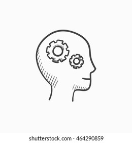 Human head with gear vector sketch icon isolated on background. Hand drawn Human head with gear icon. Human head with gear sketch icon for infographic, website or app.