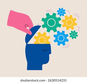 Human head with gear wheels. Generation of ideas. Colorful vector illustration