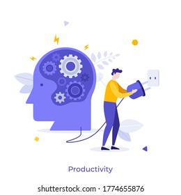 Menschlicher Kopf mit Gangrädern im Inneren und Mann, der Stromanschluss in den Sockel. Konzept der Produktivität, der Effektivität, der Energiequelle für das Gehirnaufladen. Moderne flache Vektorgrafik für Banner.
