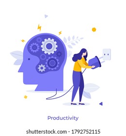 Human head with gear wheels inside and woman putting power plug into socket. Concept of productivity, effectiveness, source of energy for brain charging. Modern flat vector illustration for banner.