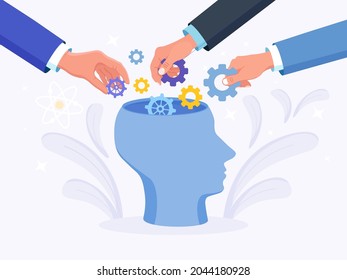 Cabeza humana con ruedas de engranaje adentro. La gente le pone la rueda cognitiva. Productividad, efectividad. Inteligencia y desarrollo del conocimiento con desempeño cerebral. Gases y ruedas técnicas como pensamientos