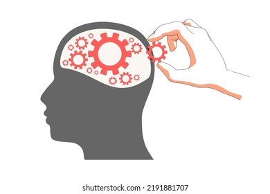 Human head with gear wheels inside. Hand put cogwheel in it. Productivity, effectiveness. Intelligence and knowledge development with brain performance. Gears and technical wheels as thoughts