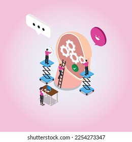 Cabeza humana con ruedas de marcha dentro del concepto de ilustración vectorial isométrica 3d para banner, sitio web, página de aterrizaje, anuncios, plantilla de volante