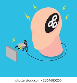 Human head with gear wheels inside and woman putting power plug into socket 3d isometric vector illustration concept for banner, website, landing page, ads, flyer template