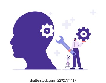 Cabeza humana con ruedas de engranaje adentro. Productividad. Inteligencia y desarrollo del conocimiento con desempeño cerebral. Los engranajes y las ruedas técnicas como pensamientos. Hombre completando la cabeza humana con ruedas cognitivas