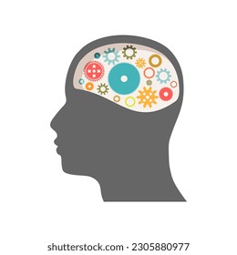 Human head with gear wheels inside. Productivity, effectiveness concept. Intelligence and knowledge development with brain performance. Gears and technical wheels as thoughts