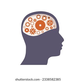 Human head with gear wheels inside. Productivity, effectiveness concept. Intelligence and knowledge development with brain performance. Gears and technical wheels as thoughts