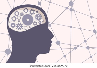 Human head with gear wheels inside. Productivity, effectiveness concept. Intelligence and knowledge development with brain performance. Gears and technical wheels as thoughts