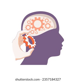 Human head with gear wheels inside. Hand put cogwheel in it. Productivity, effectiveness. Intelligence and knowledge development with brain performance. Gears and technical wheels as thoughts