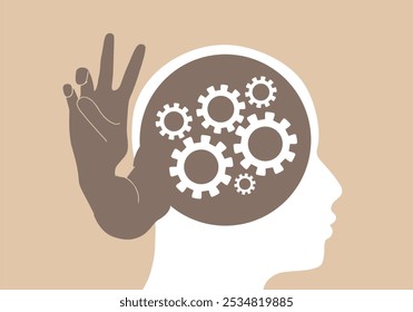 Human head with gear wheels inside. Hand with two fingers up in the victory symbol. Productivity, effectiveness. Intelligence and knowledge development with brain performance. Gears as thoughts