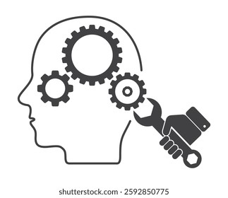 human head with gear wheels mechanism tune by hand with wrench icon