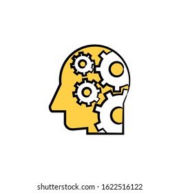human head and gears, artificial intelligence concept yellow hand drawn theme