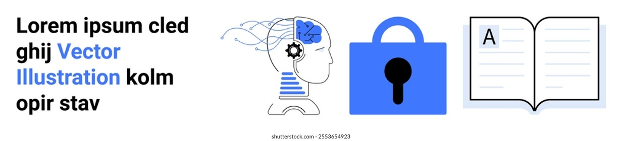 Human head with gears and brain, padlock, and open book with text icons. Ideal for themes of cognitive science, artificial intelligence, data security, education, and technology. Landing page