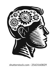 Human head with gears. Brain thinking. Idea, thought concept