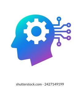 Human head gears with circuit logo, Cogwheel electric engineering technological inside brain, Artificial intelligence, Simple flat design icon symbol, Isolated on white background, Vector illustration