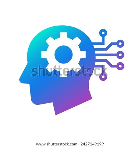 Human head gears with circuit logo, Cogwheel electric engineering technological inside brain, Artificial intelligence, Simple flat design icon symbol, Isolated on white background, Vector illustration