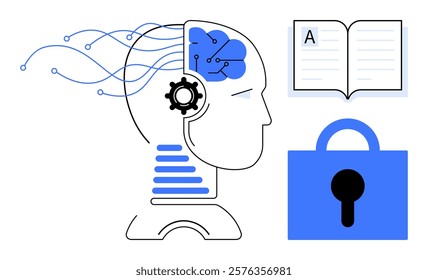 A human head with gears and circuits in the brain, data flow lines, an open book, and a security lock in blue. Ideal for technology, artificial intelligence, education, cybersecurity, data privacy